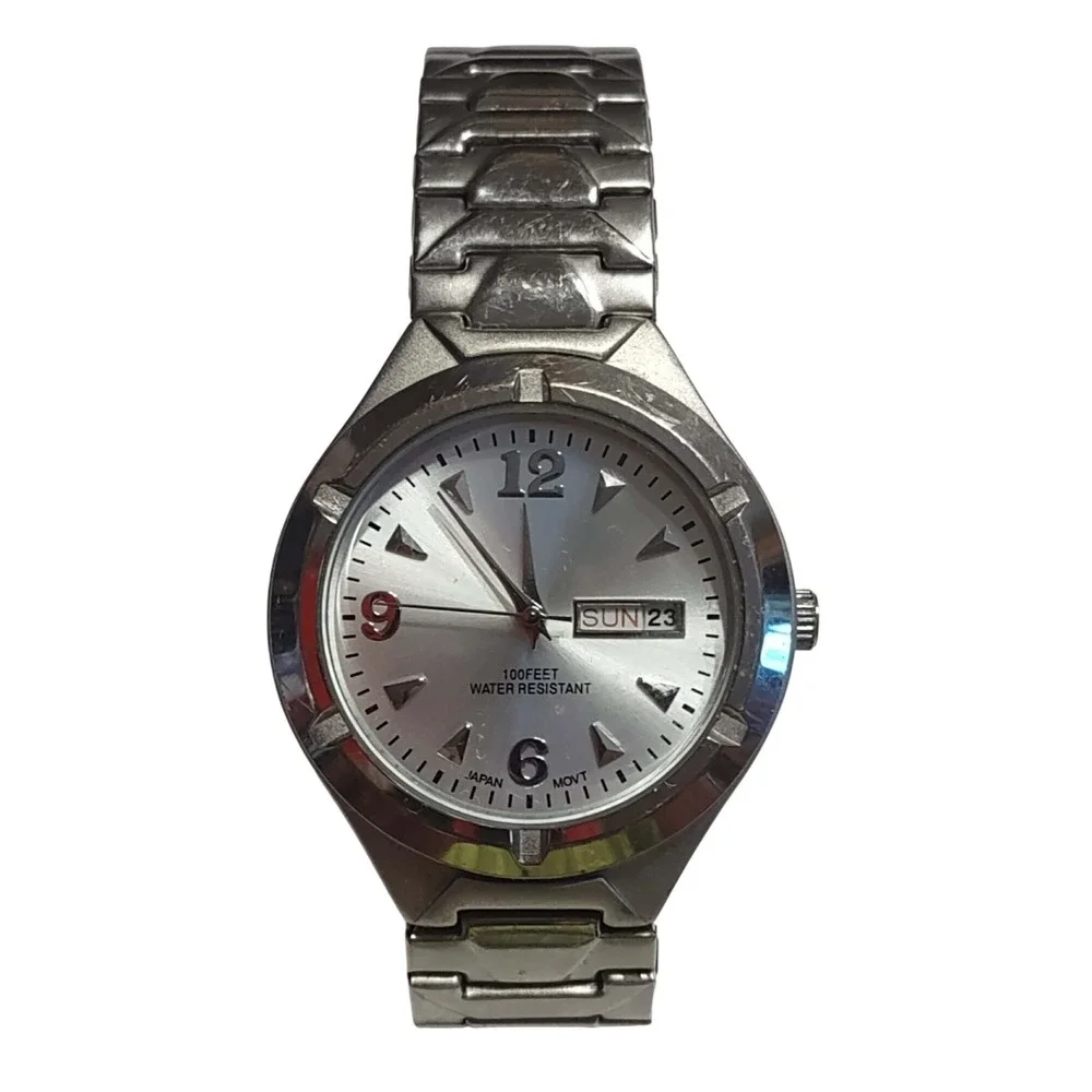 FMD Watch FMDPU127 WORKING Silver Tone Day Date Japan Movt Water Resistant 100ft